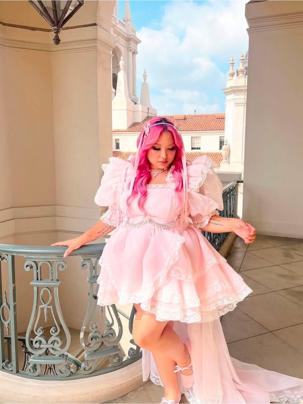 Selkie Pink Ruffle Tulle Mini Dress with Train